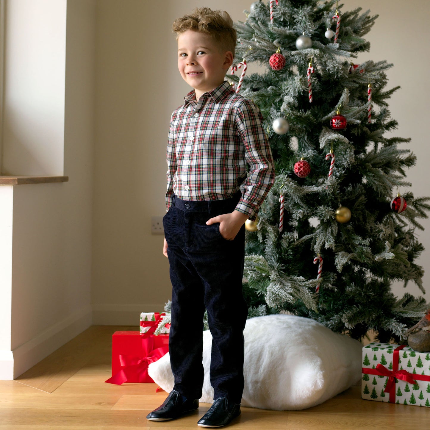 Rachel Riley London Boys Dress Shirt - Red & White Holiday Tartan Plaid
