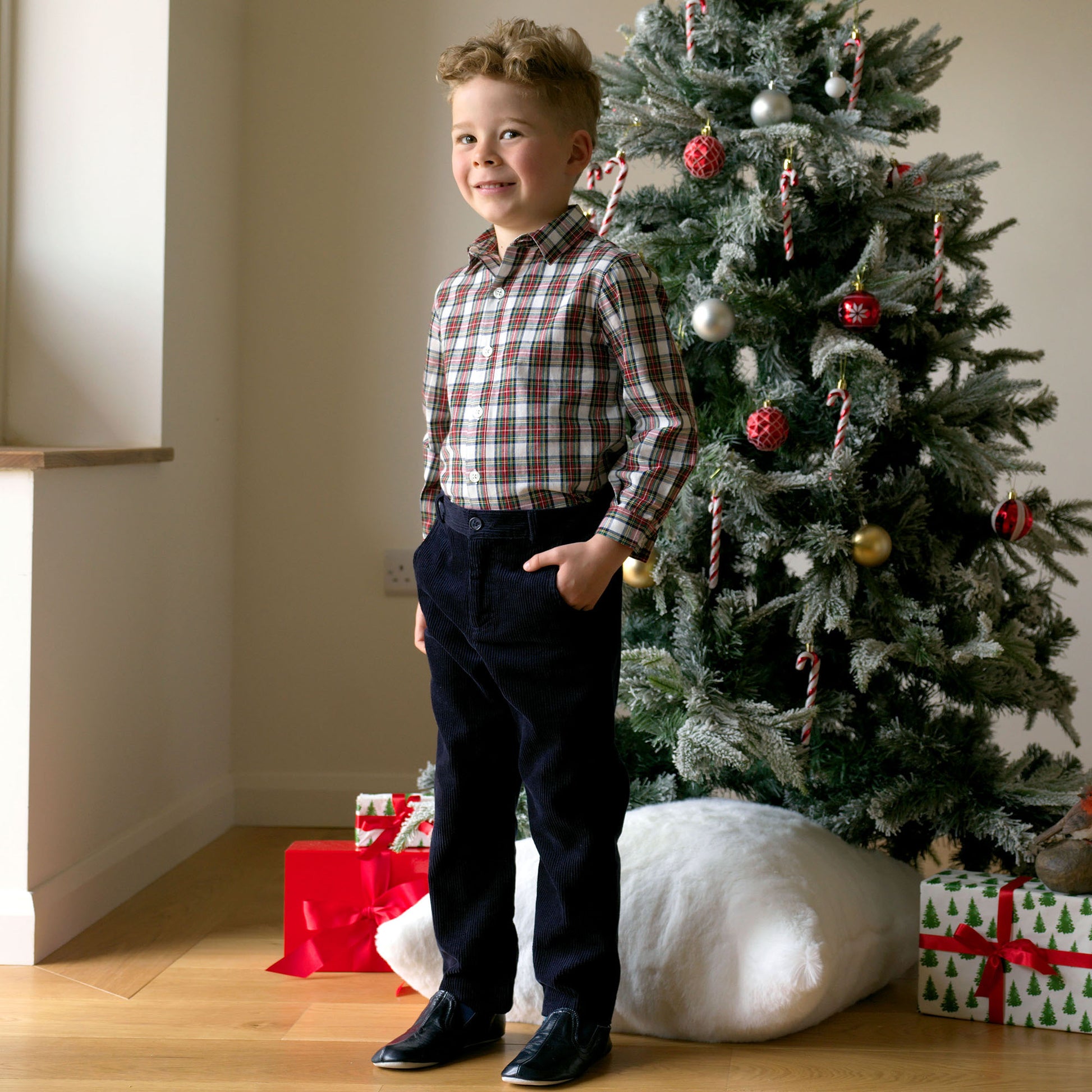 Rachel Riley London Boys Dress Shirt - Red & White Holiday Tartan Plaid