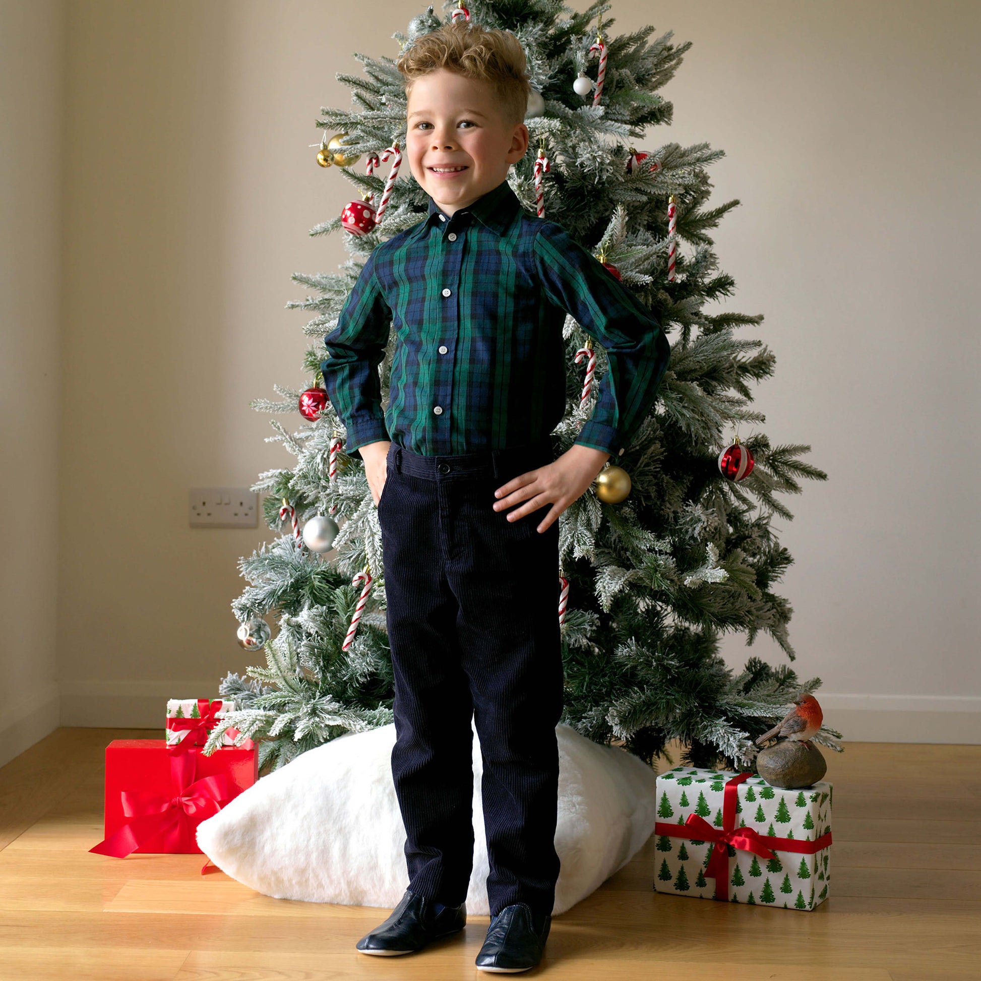 Rachel Riley London Boys Navy Blue & Green Blackwatch Plaid Dress Shirt