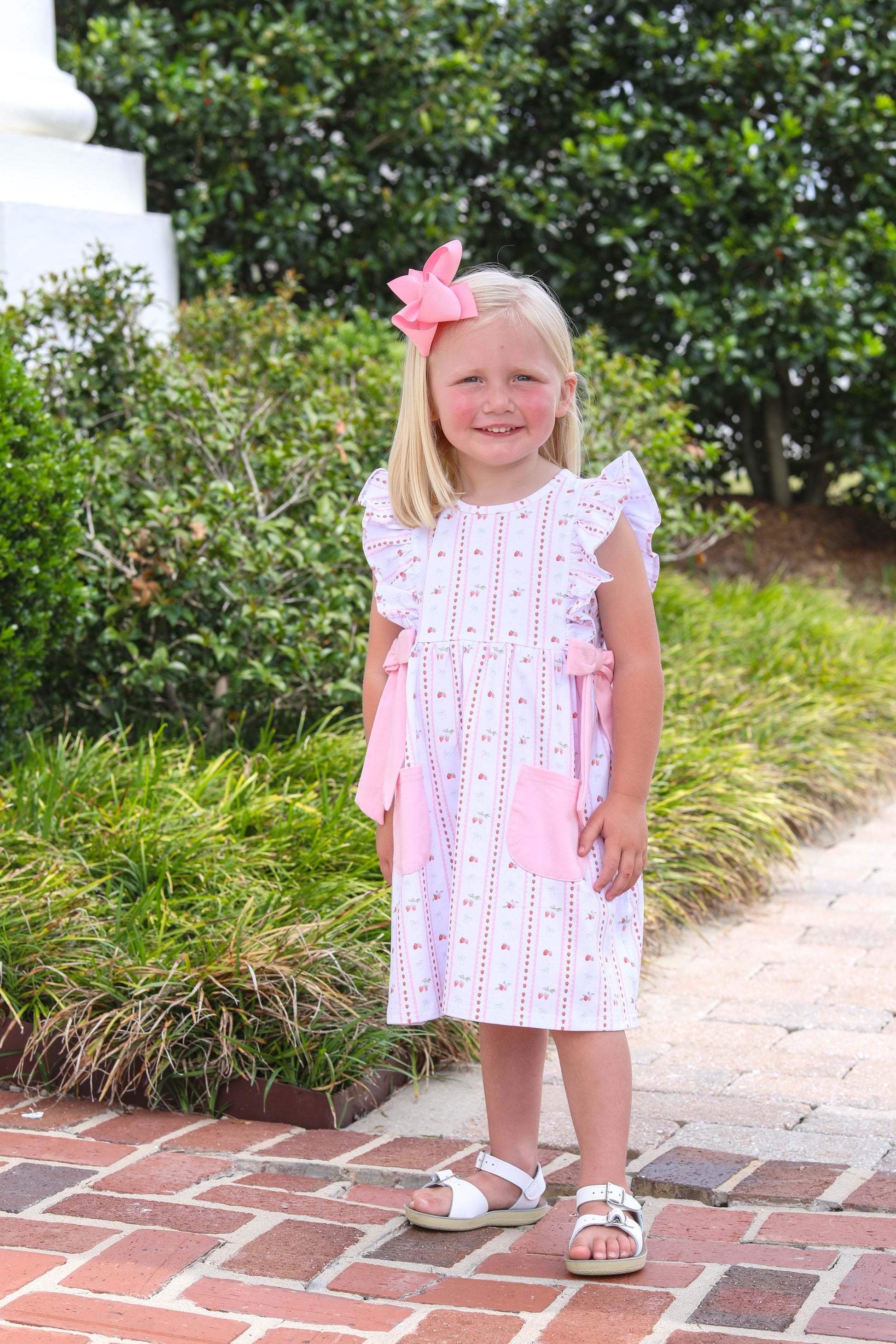 Trotter Street Kids Girls Pink Berry Sweet Pinafore Dress - Bows at Sides