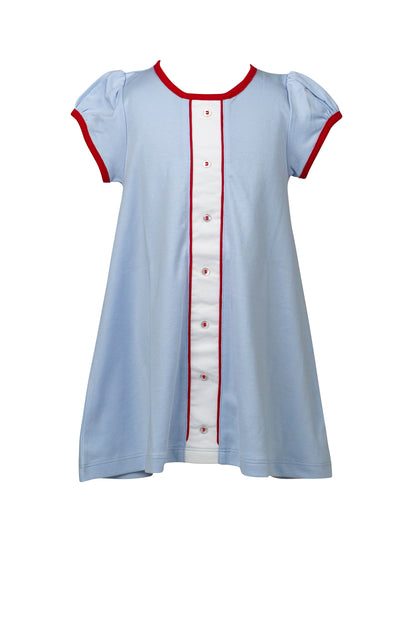 Proper Peony Pima Girls Blue A-Line Dress - Red Trim