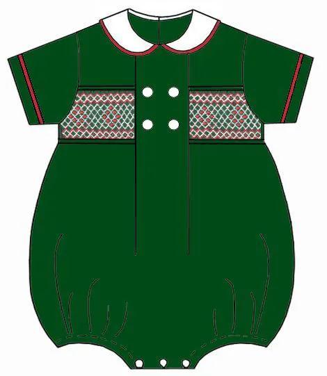 Anavini Boys Green Corduroy Smocked Christmas Bubble
