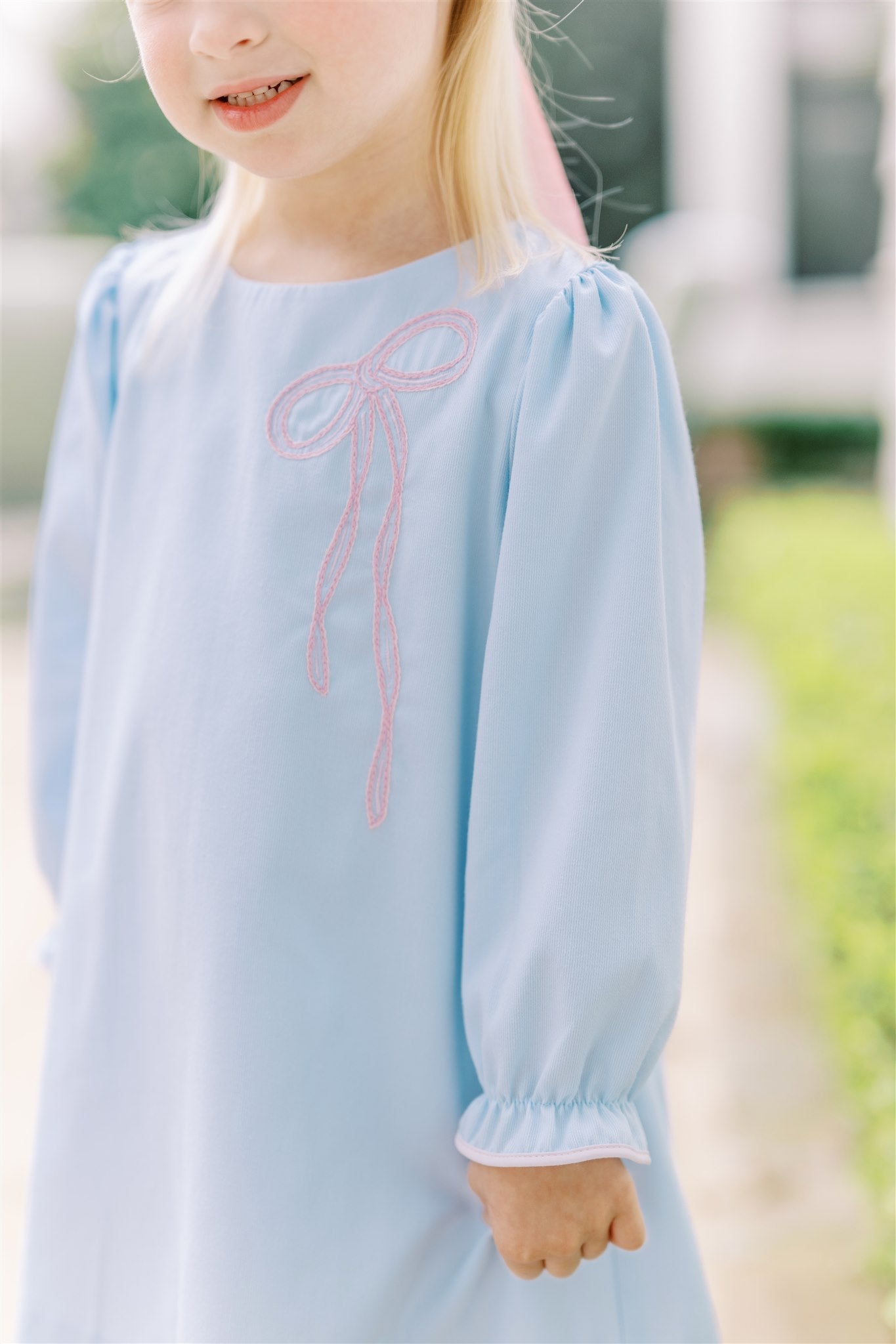 Proper Peony Girls Blue Brooklyn Bow Dress - Pink Bow