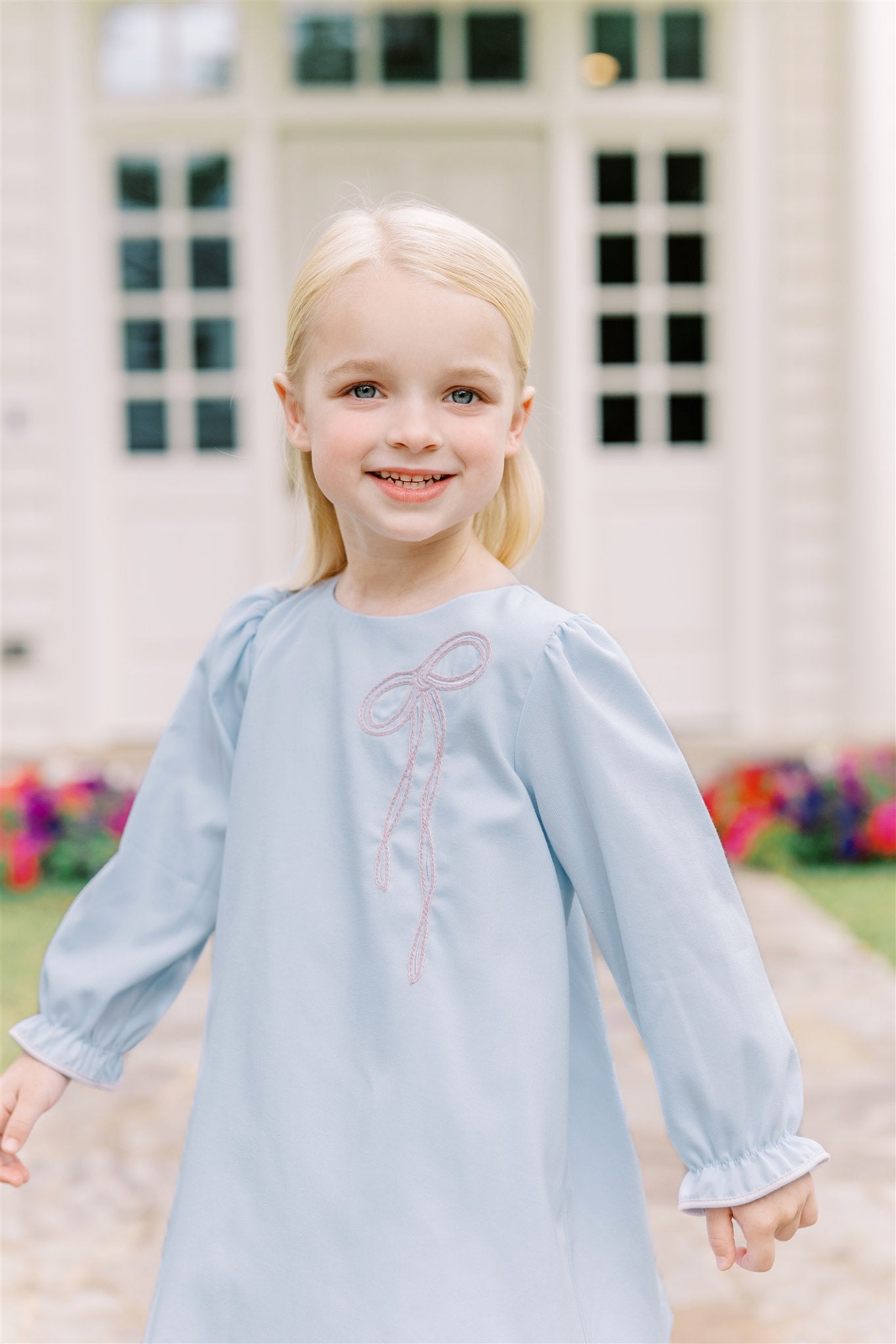 Proper Peony Girls Blue Brooklyn Bow Dress - Pink Bow