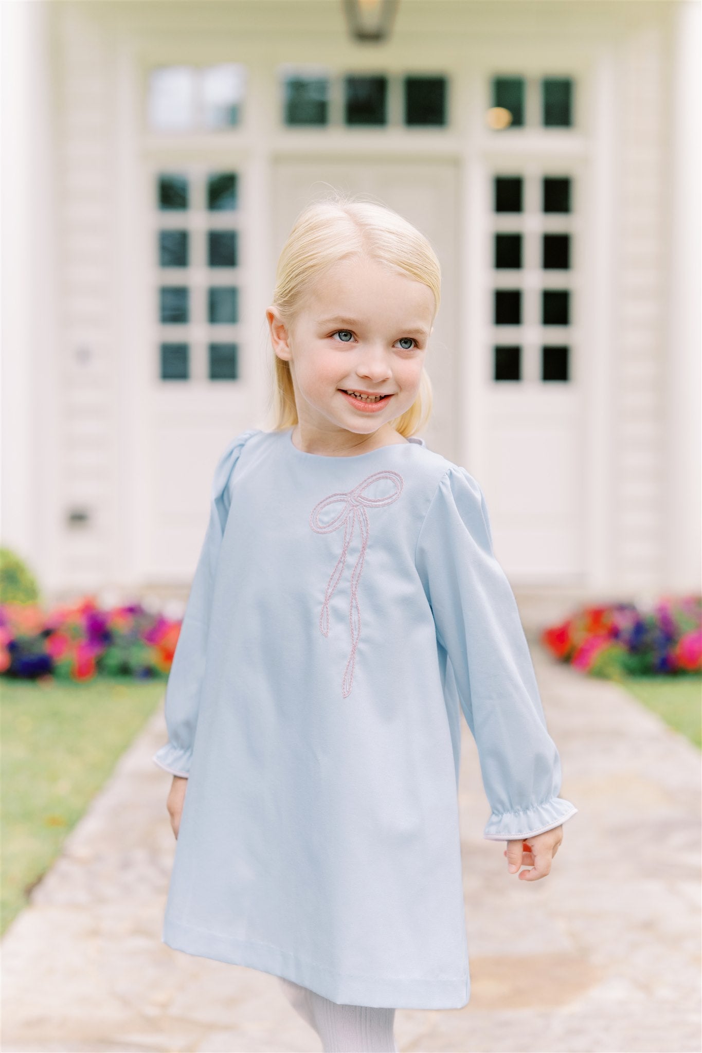 Proper Peony Girls Blue Brooklyn Bow Dress - Pink Bow