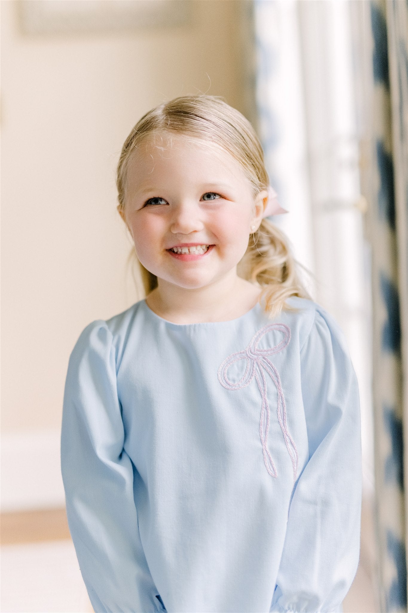 Proper Peony Girls Blue Brooklyn Bow Dress - Pink Bow