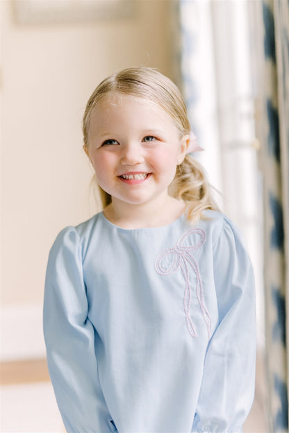 Proper Peony Girls Blue Brooklyn Bow Dress - Pink Bow