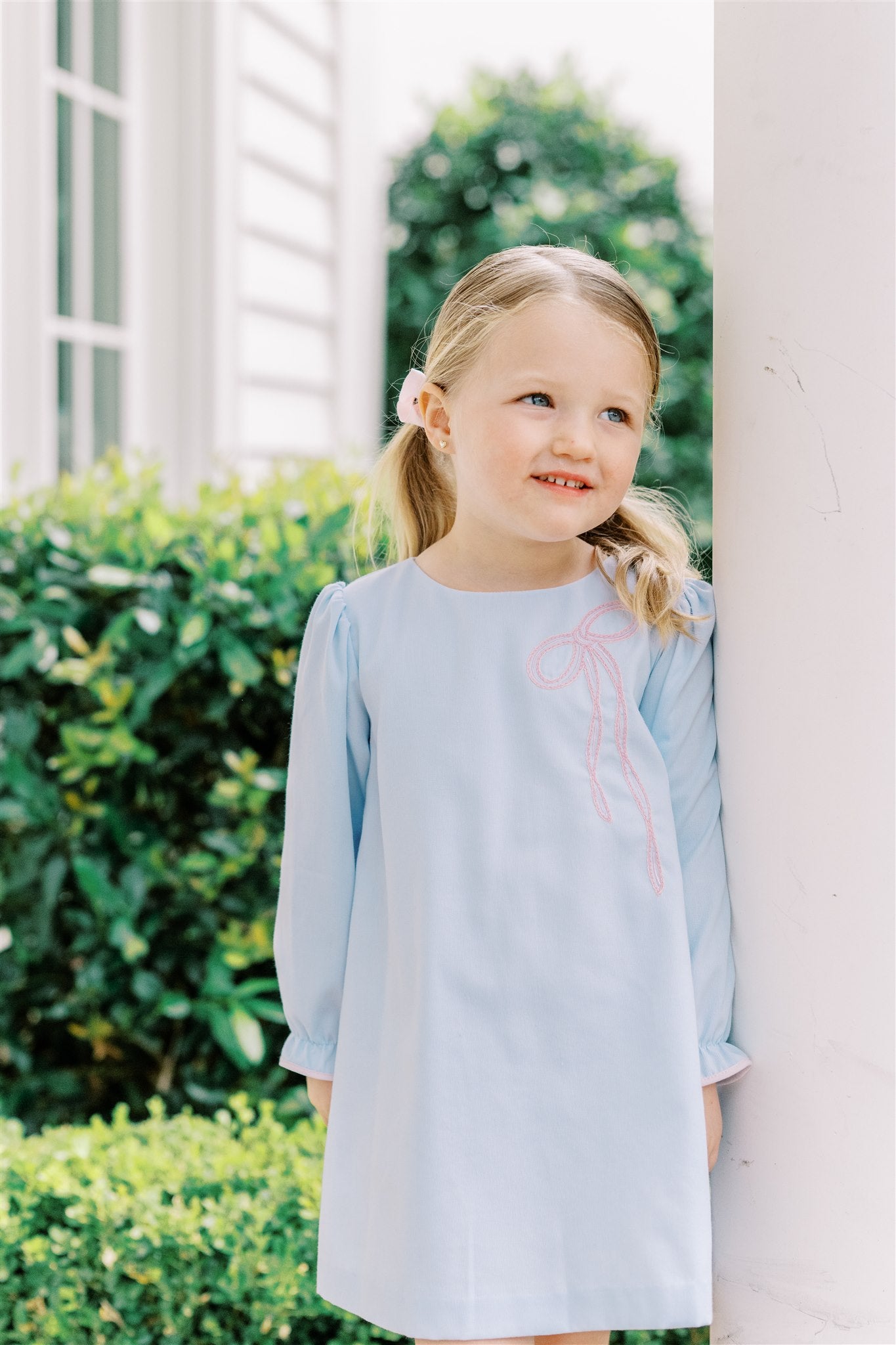Proper Peony Girls Blue Brooklyn Bow Dress - Pink Bow