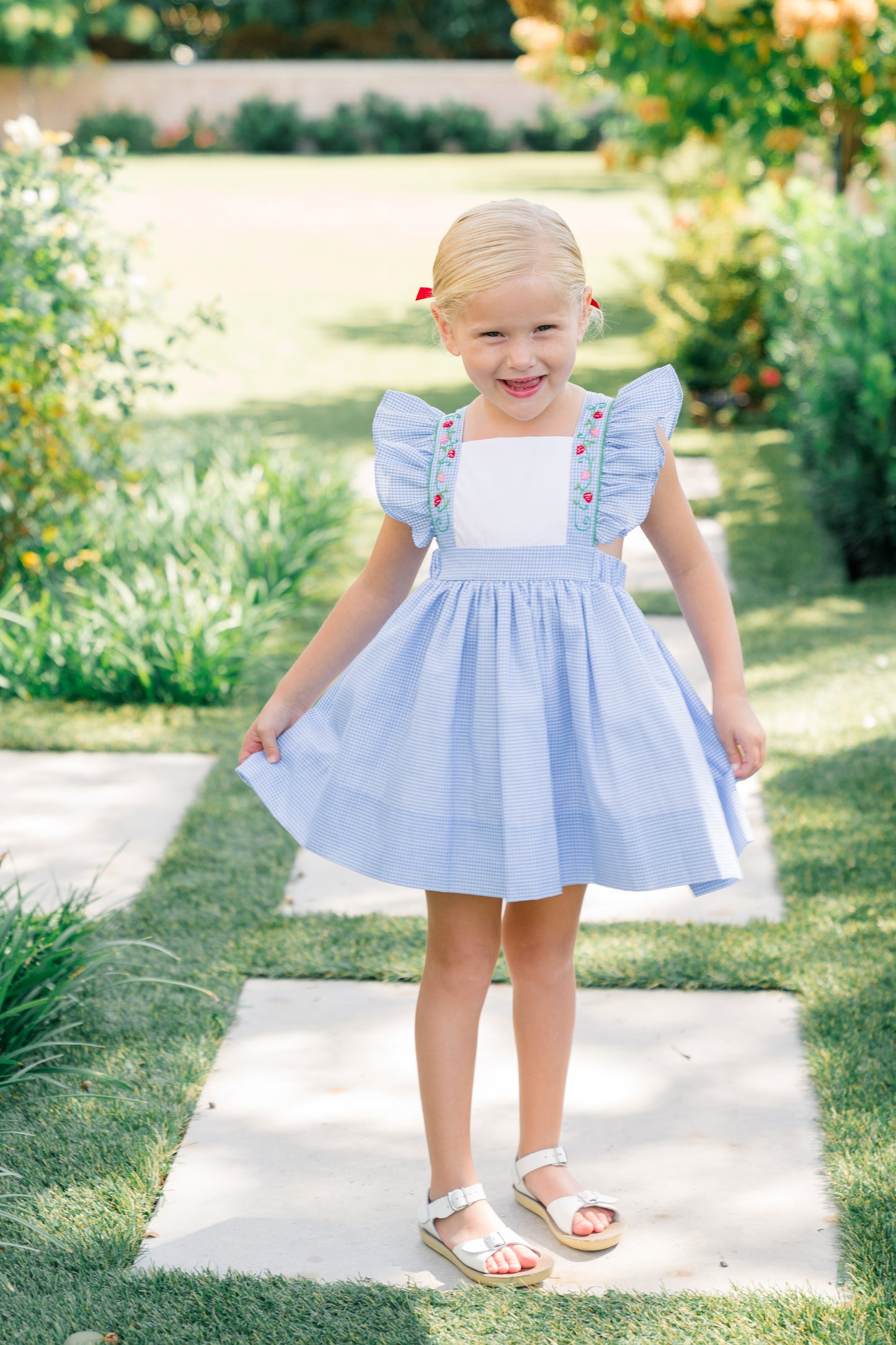 Proper Peony Girls Blue Bryar Bee Pinafore Dress by Proper Peony