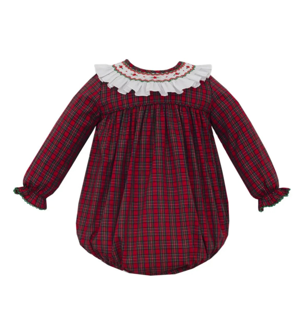 Petit Bebe Girls Red Plaid Long Sleeve Bubble with Smocked Collar by Petit Bebe
