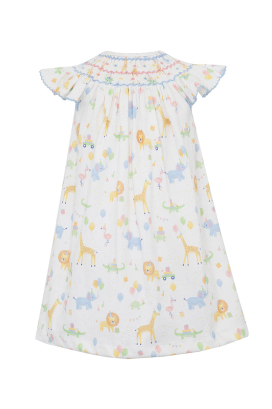 Claire & Charlie Baby Girls Pastel Birthday Animals Parade Smocked Bishop Dress by Claire & Charlie