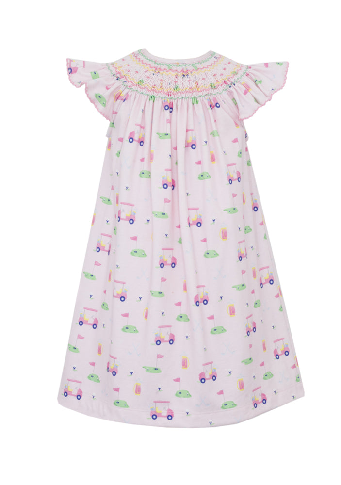 Claire & Charlie Girls Pink Golf Print Knit Smocked Bishop Dress