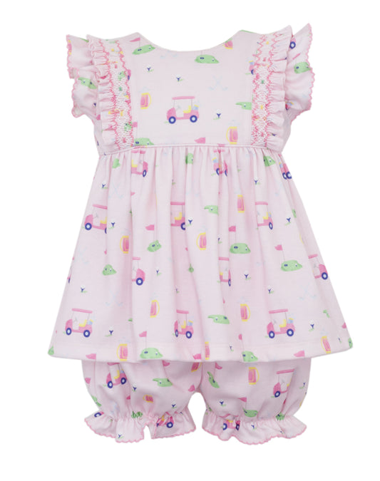 Claire & Charlie Girls Pink Knit Golf Print Smocked Bloomers Set by Claire & Charlie