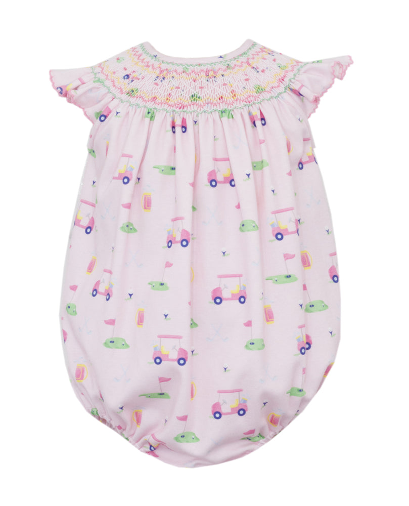 Claire & Charlie Baby Girls Pink Knit Golf Print Smocked Bubble
