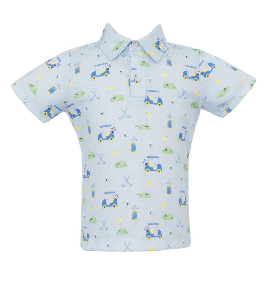 Claire & Charlie Boys Blue Knit Golf Print Polo Shirt