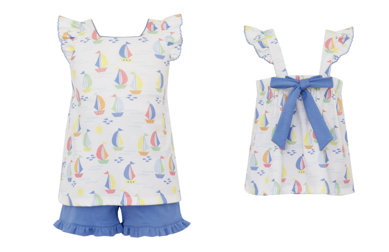 Claire & Charlie Girls Knit Shorts Set - Sailboat Print - Bow on Back