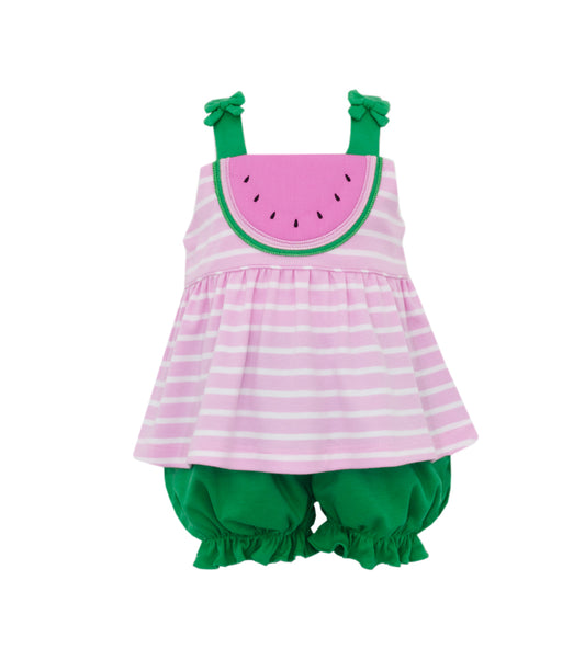Claire & Charlie Girls Pink Striped Watermelon Top with Green Bloomers