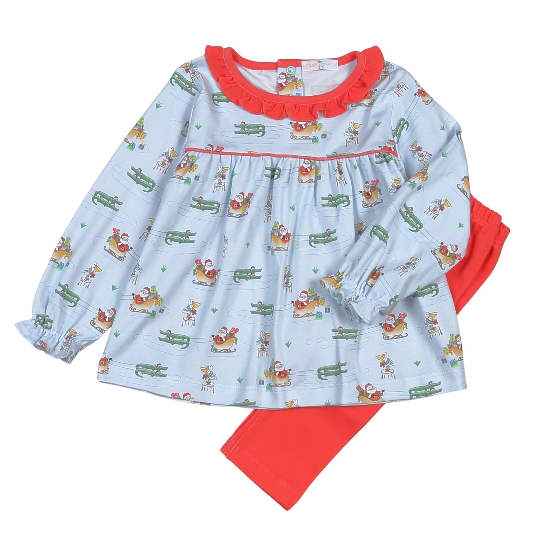Baby Loren Girls Red Leggings with Blue Cajun Christmas Top