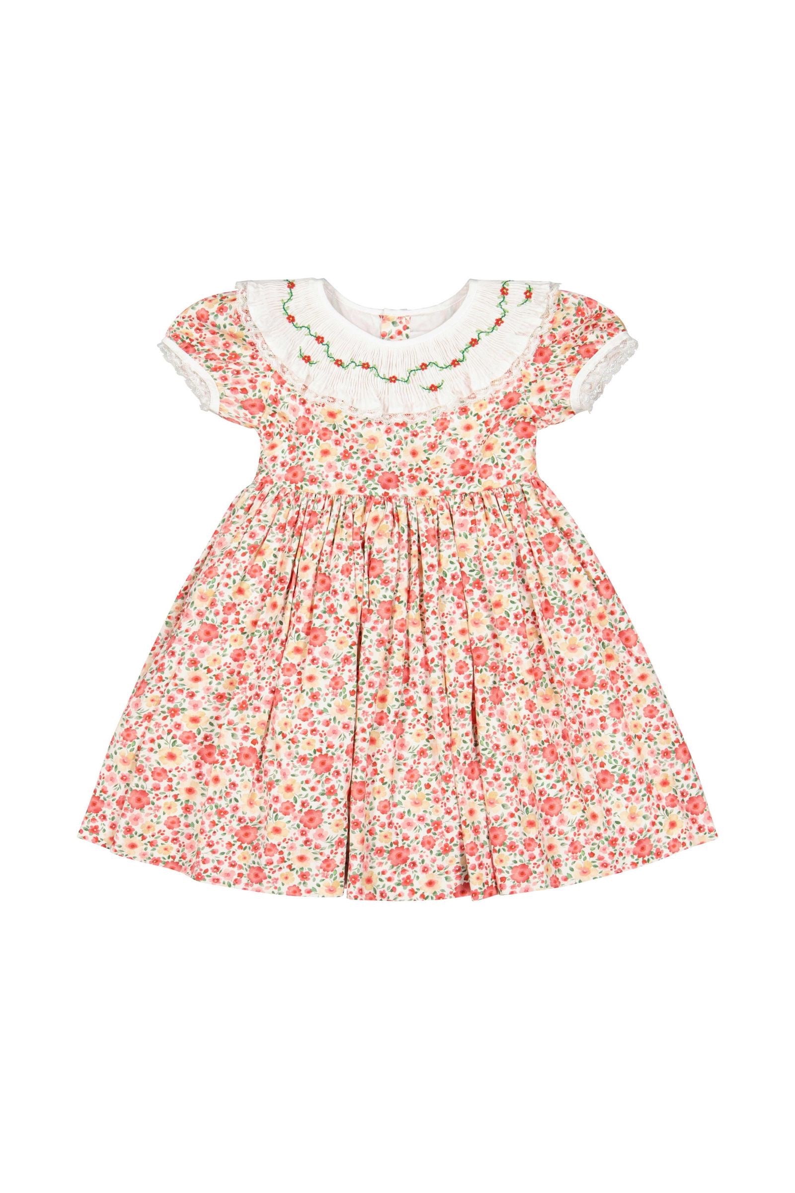 Antoinette Paris Girls Celestine Red Floral Embroidered Ruffle Collar Dress