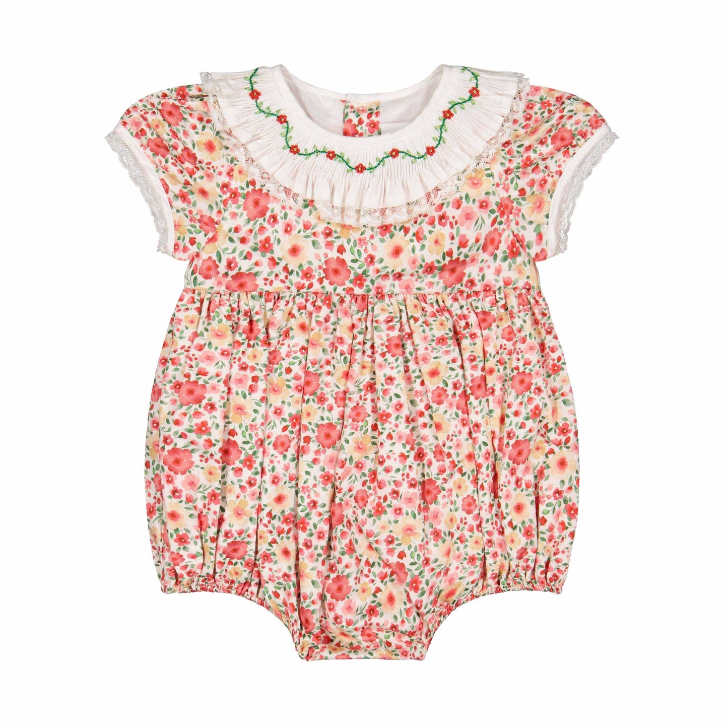 Antoinette Paris Baby Girls Romper - Celestine Red Floral - Embroidered Ruffle Collar