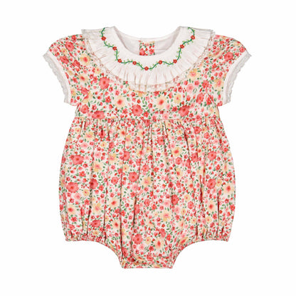 Antoinette Paris Baby Girls Romper - Celestine Red Floral - Embroidered Ruffle Collar