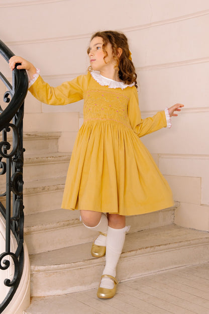 Antoinette Paris Girls Chiara Smocked Bodice Dress with Sash - Yellow
