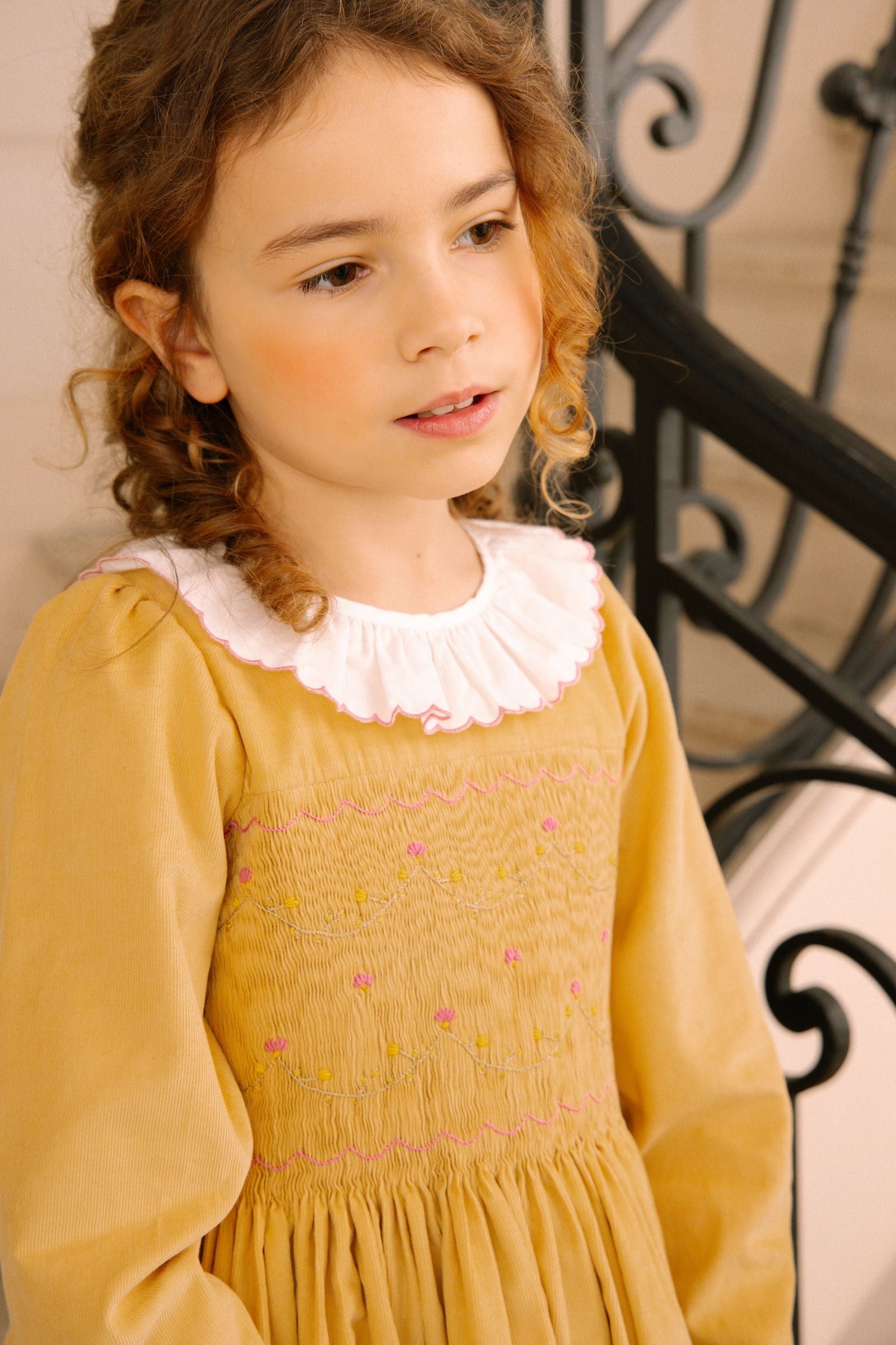 Antoinette Paris Girls Chiara Smocked Bodice Dress with Sash - Yellow