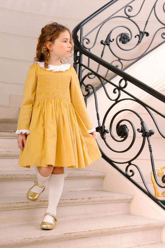 Antoinette Paris Girls Chiara Smocked Bodice Dress with Sash - Yellow