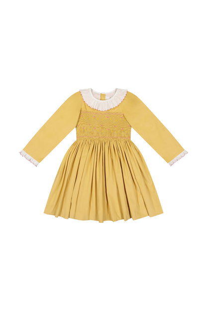 Antoinette Paris Girls Chiara Smocked Bodice Dress with Sash - Yellow