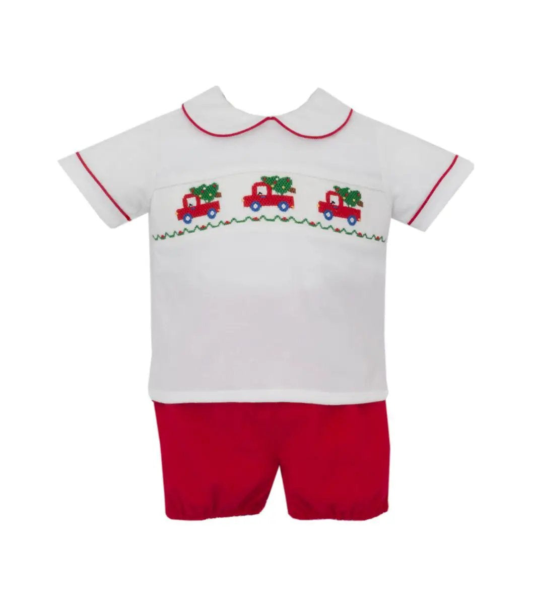 Anavini Boys Winter White Corduroy Smocked Christmas Tree Truck Set