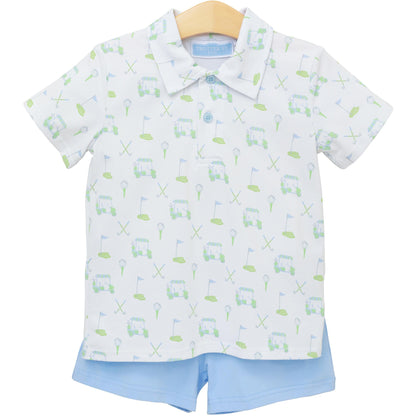 Trotter Street Kids Boys Blue Golf Caddy Club Polo Shorts Set by Trotter Street Kids