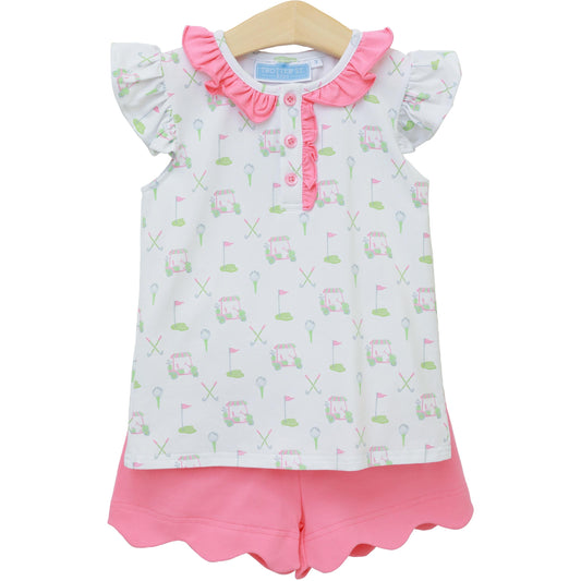 Trotter Street Kids Girls Pink Golf Caddy Club Scallop Shorts Set by Trotter Street Kids