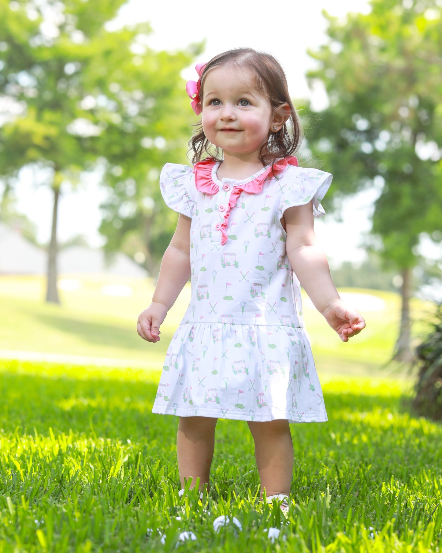 Trotter Street Kids Girls Green Golf Caddy Club Print Skirted Bubble by Trotter Street Kids