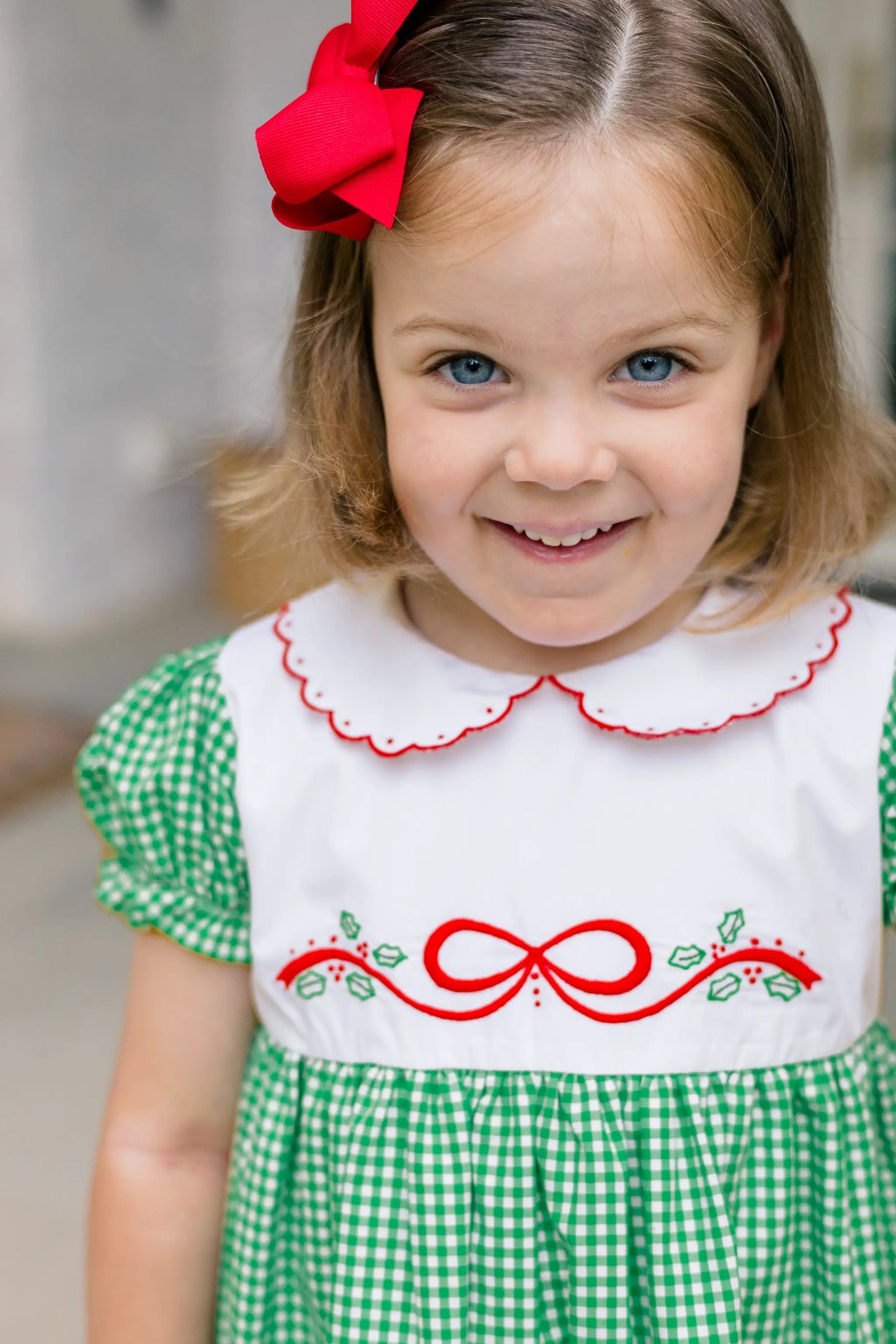 Proper Peony Girls Green Check Carol Christmas Dress with Embroidered Red Bow