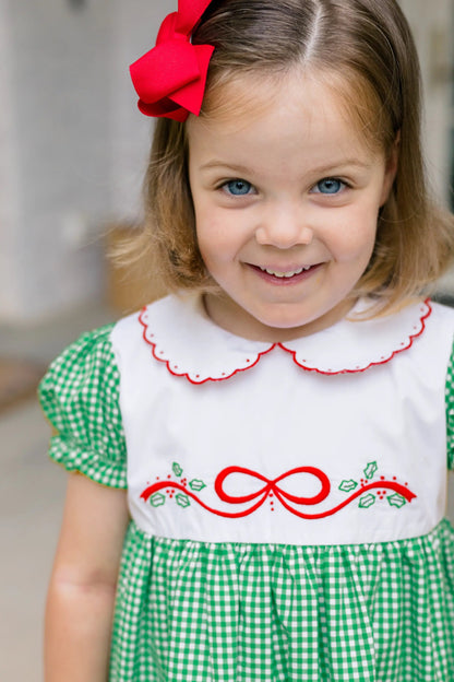 Proper Peony Girls Green Check Carol Christmas Dress with Embroidered Red Bow