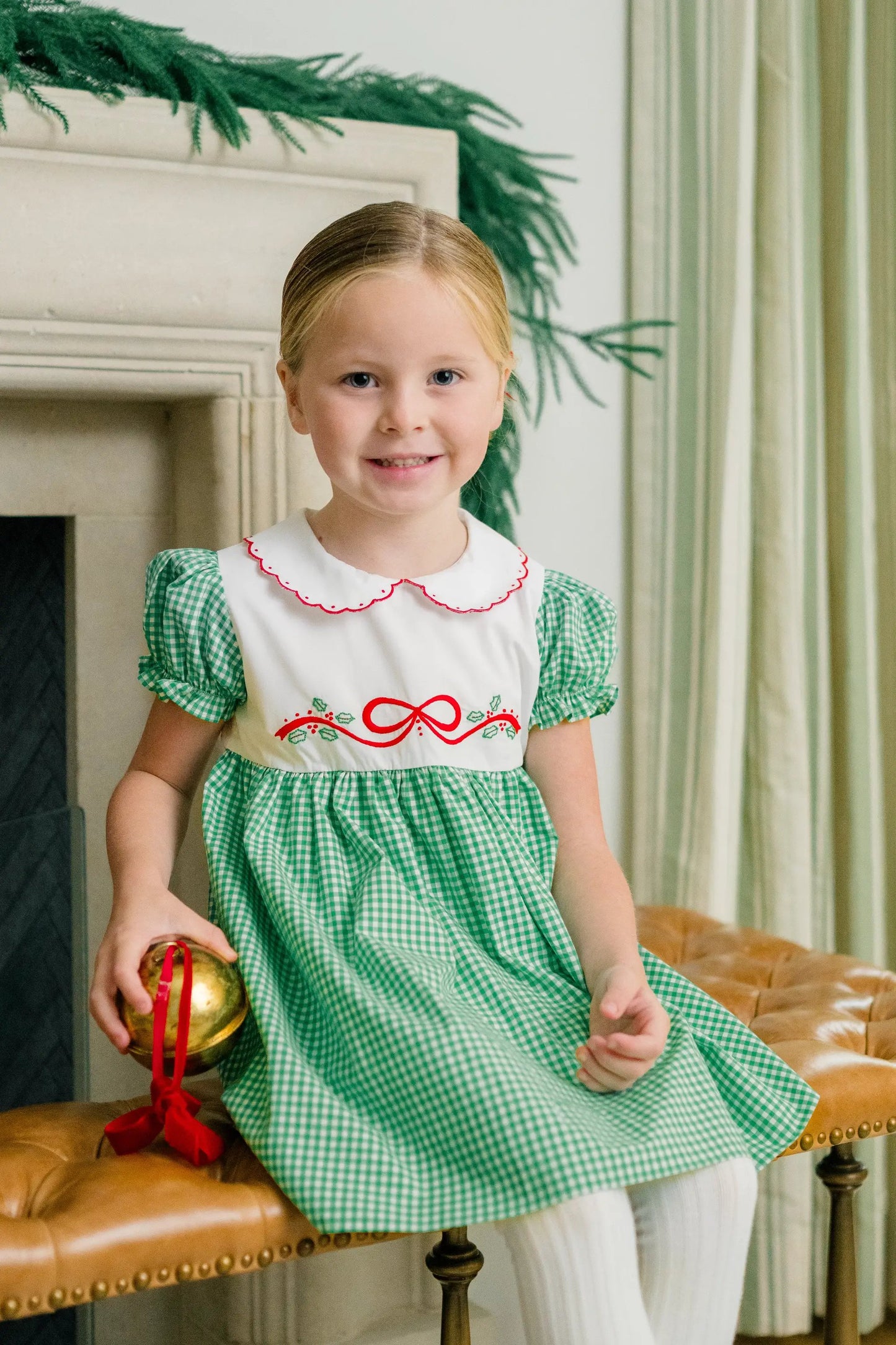 Proper Peony Girls Green Check Carol Christmas Dress with Embroidered Red Bow