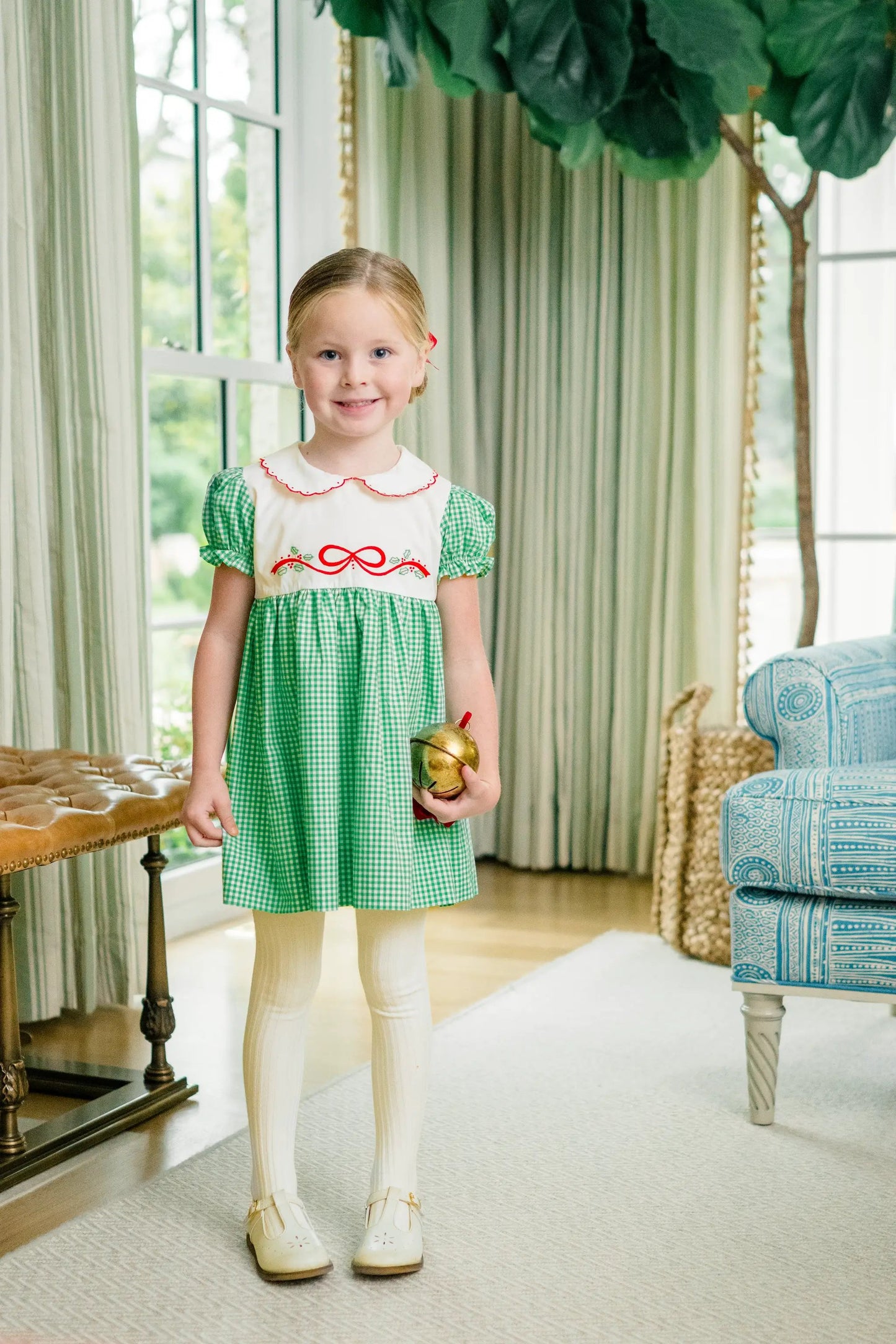 Proper Peony Girls Green Check Carol Christmas Dress with Embroidered Red Bow