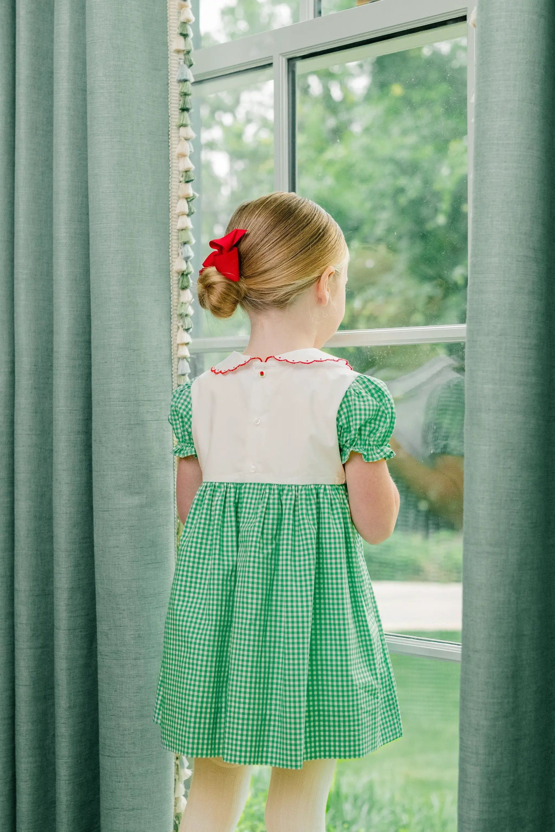 Proper Peony Girls Green Check Carol Christmas Dress with Embroidered Red Bow