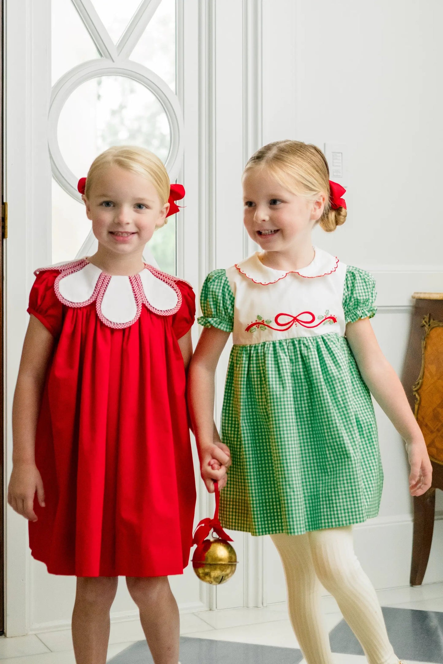Proper Peony Girls Green Check Carol Christmas Dress with Embroidered Red Bow