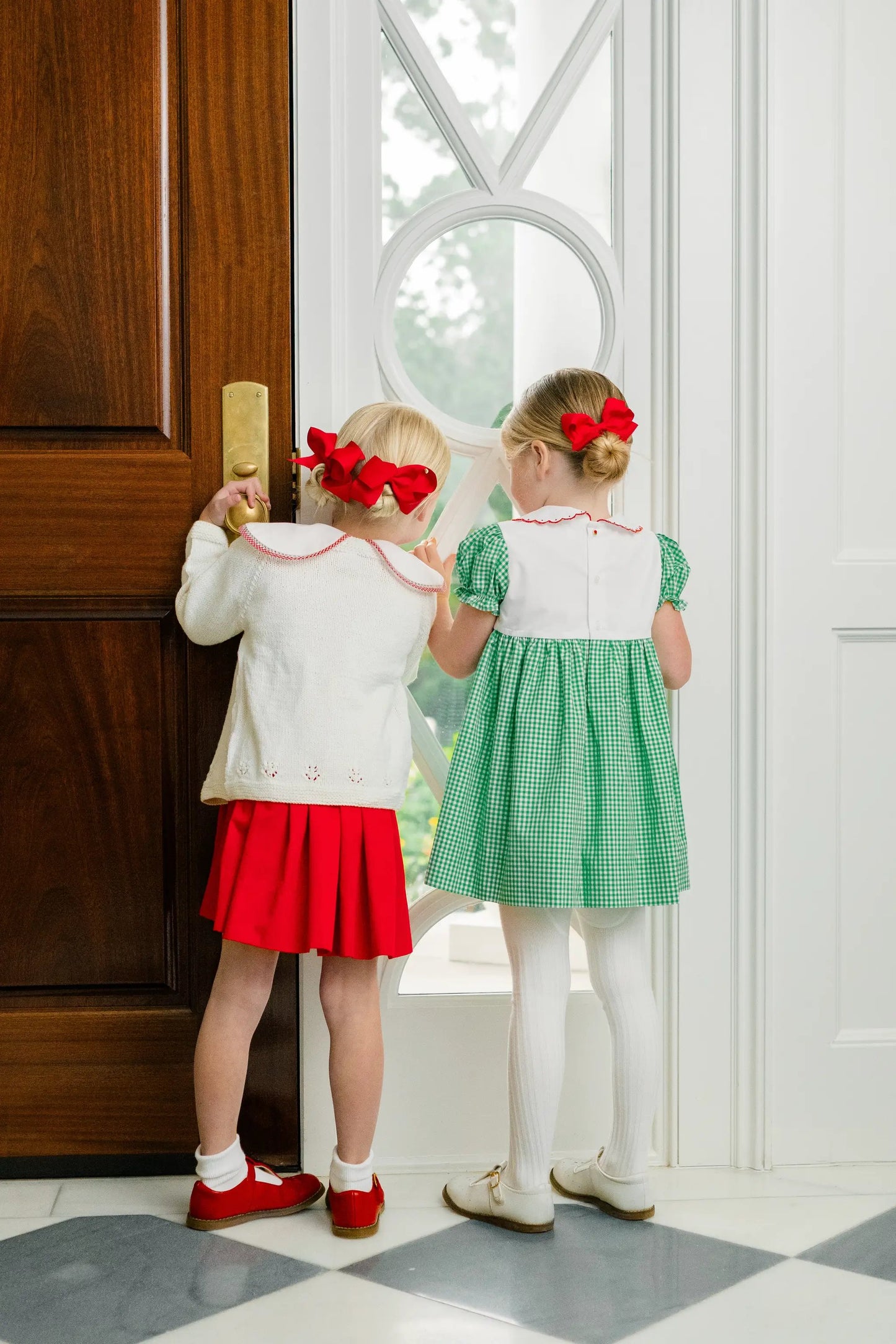 Proper Peony Girls Green Check Carol Christmas Dress with Embroidered Red Bow