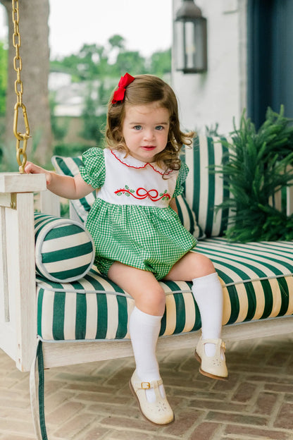 Proper Peony Girls Green Check Carol Christmas Bubble with Embroidered Red Bow