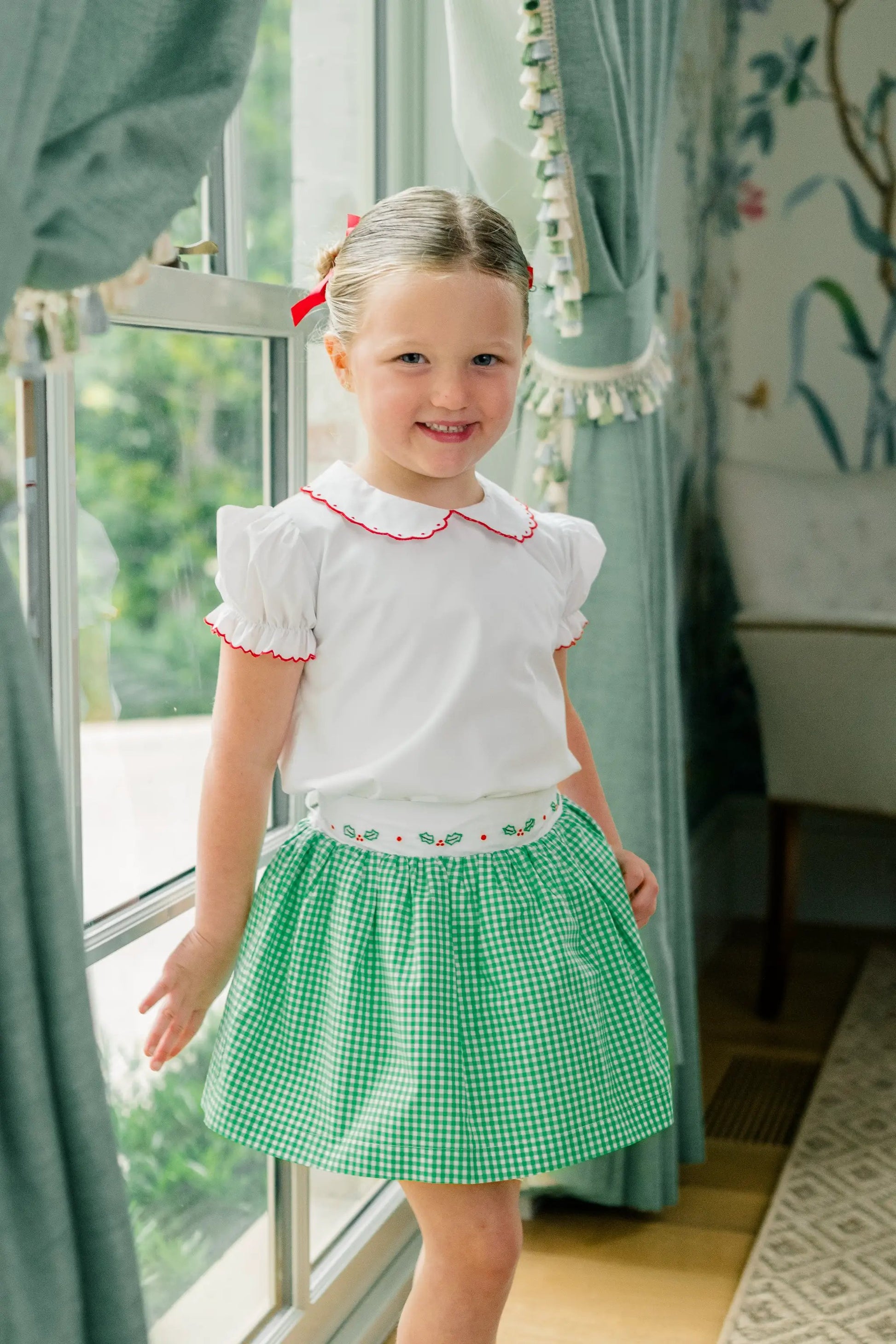 Proper Peony Girls Green Check Carol Christmas Skirt