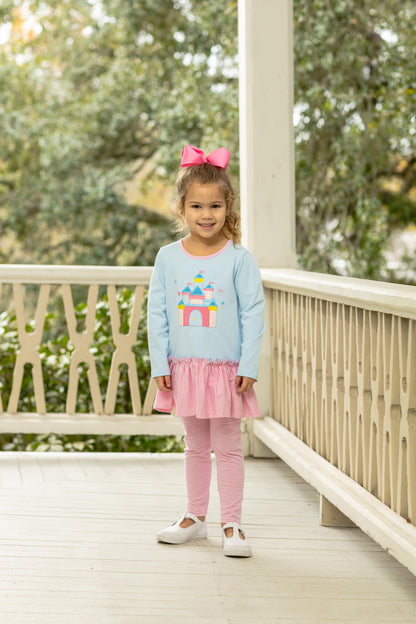 Trotter Street Kids Girls Blue & Pink Castle Ruffle Tunic & Leggings Set