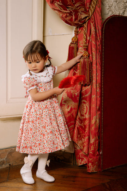 Antoinette Paris Girls Celestine Red Floral Embroidered Ruffle Collar Dress