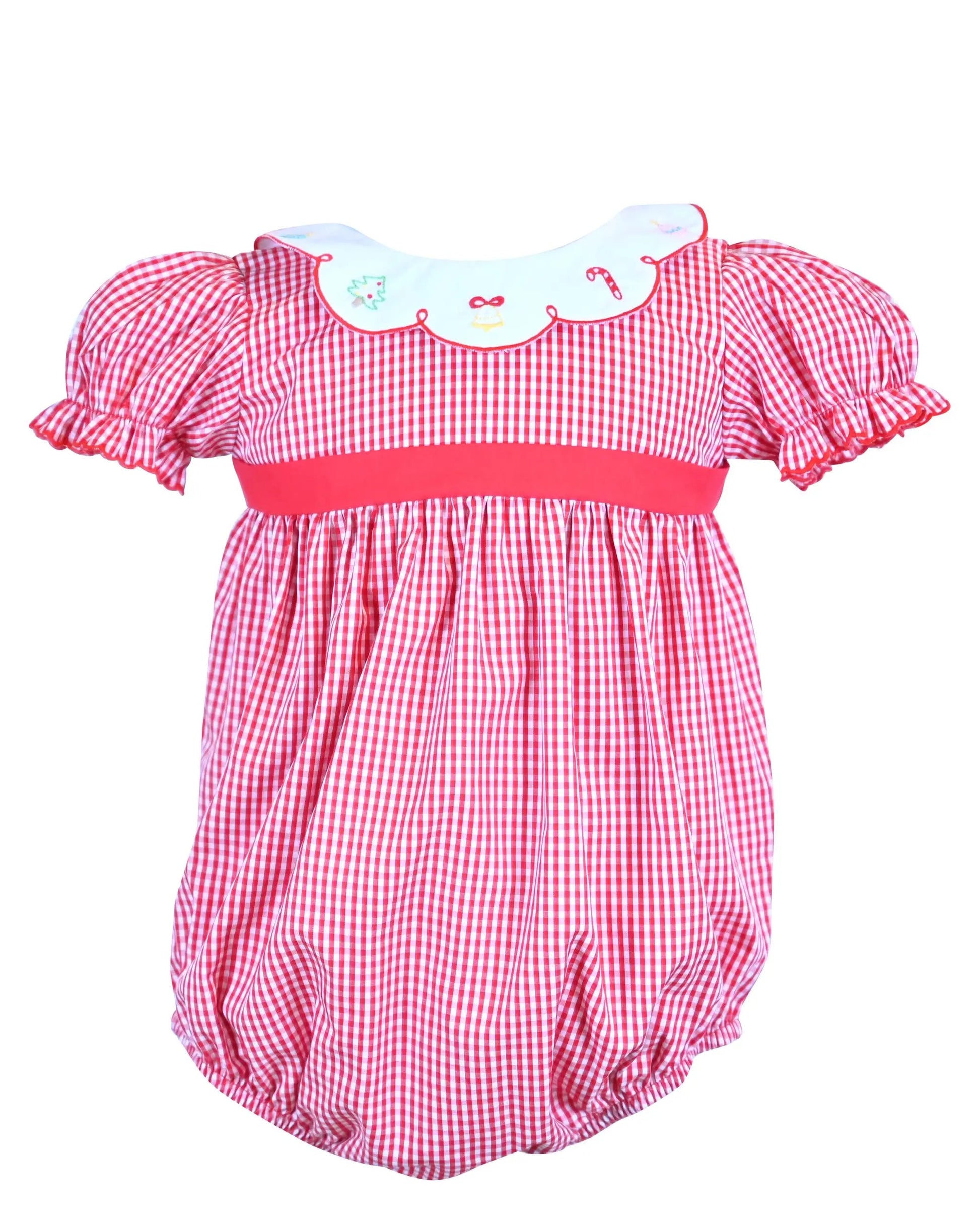 Yellow Lamb Baby Girls Red Check Holly Jolly Christmas Bubble - Scallop Collar