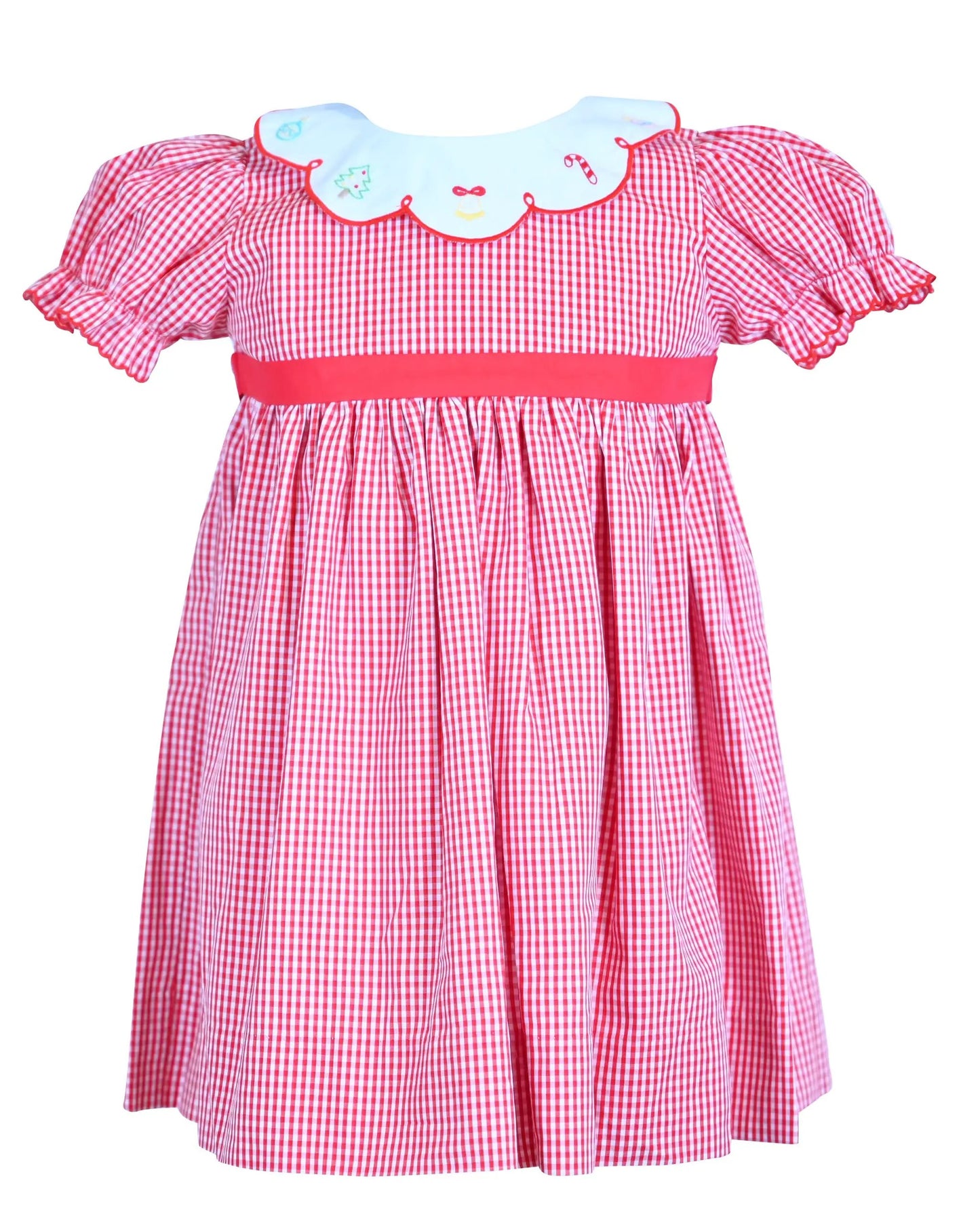 Yellow Lamb Girls Red Check Holly Jolly Christmas Dress - Scallop Collar by Yellow Lamb