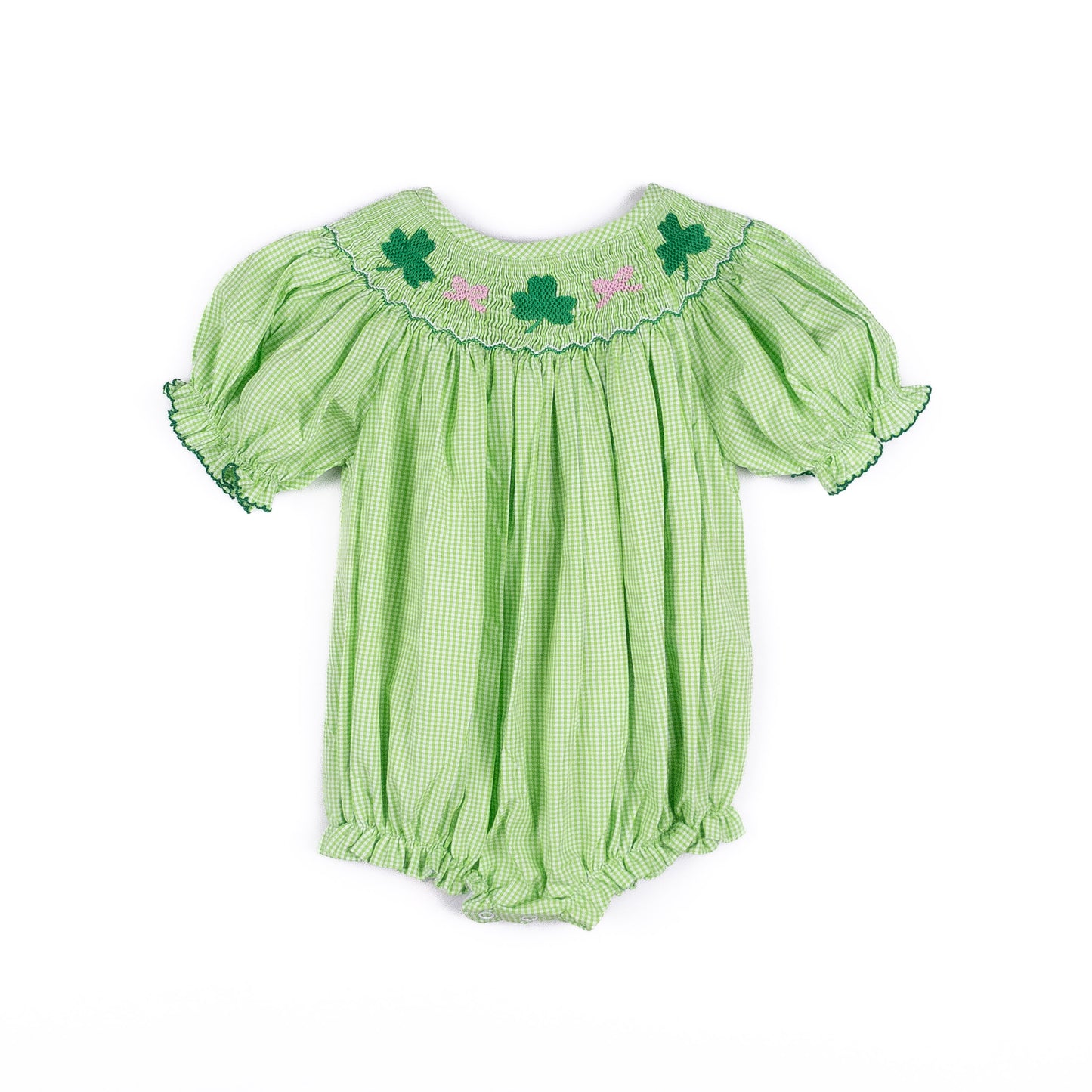 Shop Teeta Baby Girls Hallie Bubble - Green Gingham Smocked St. Pat's Clovers by Shop Teeta