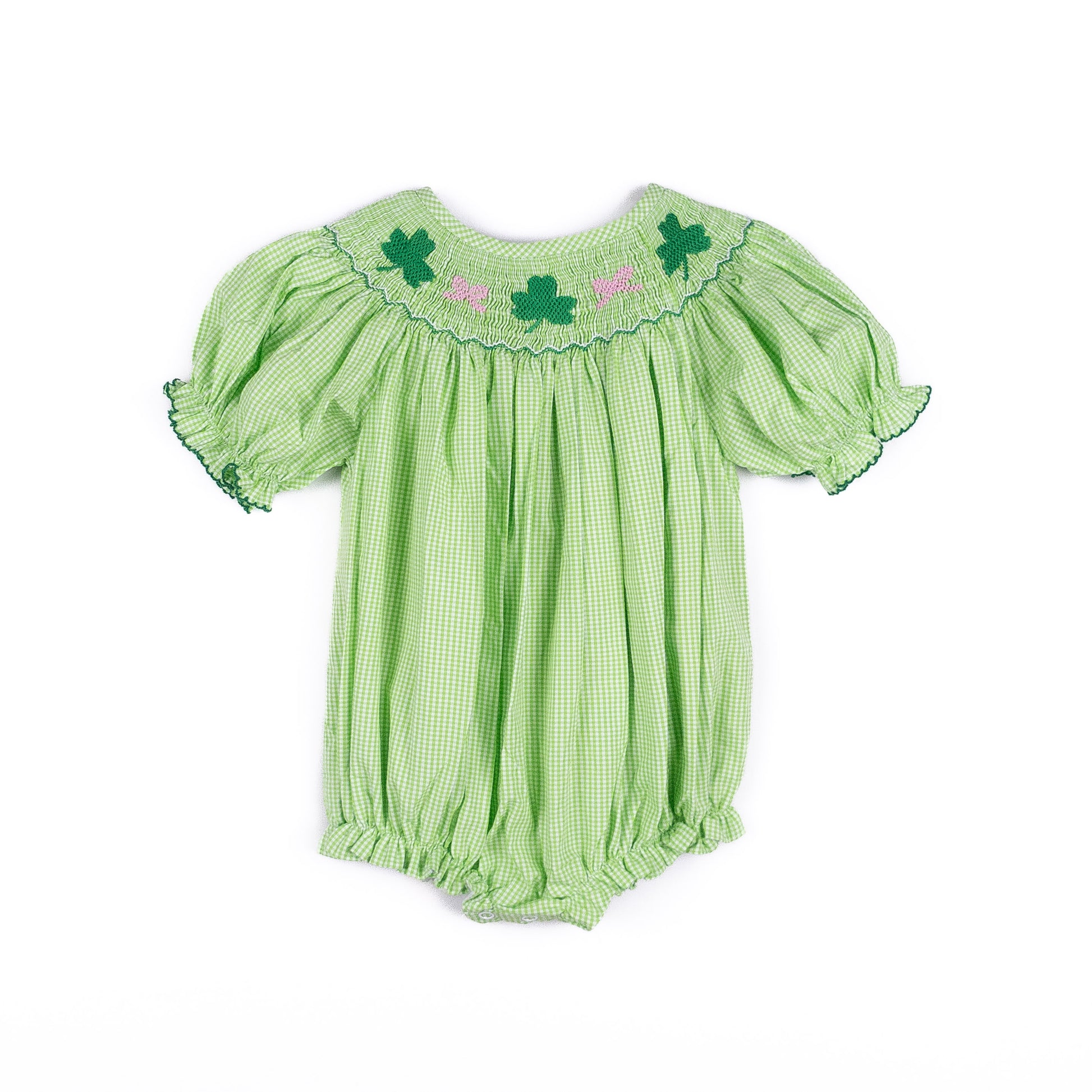 Shop Teeta Baby Girls Hallie Bubble - Green Gingham Smocked St. Pat's Clovers