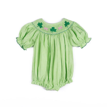 Shop Teeta Baby Girls Hallie Bubble - Green Gingham Smocked St. Pat's Clovers by Shop Teeta