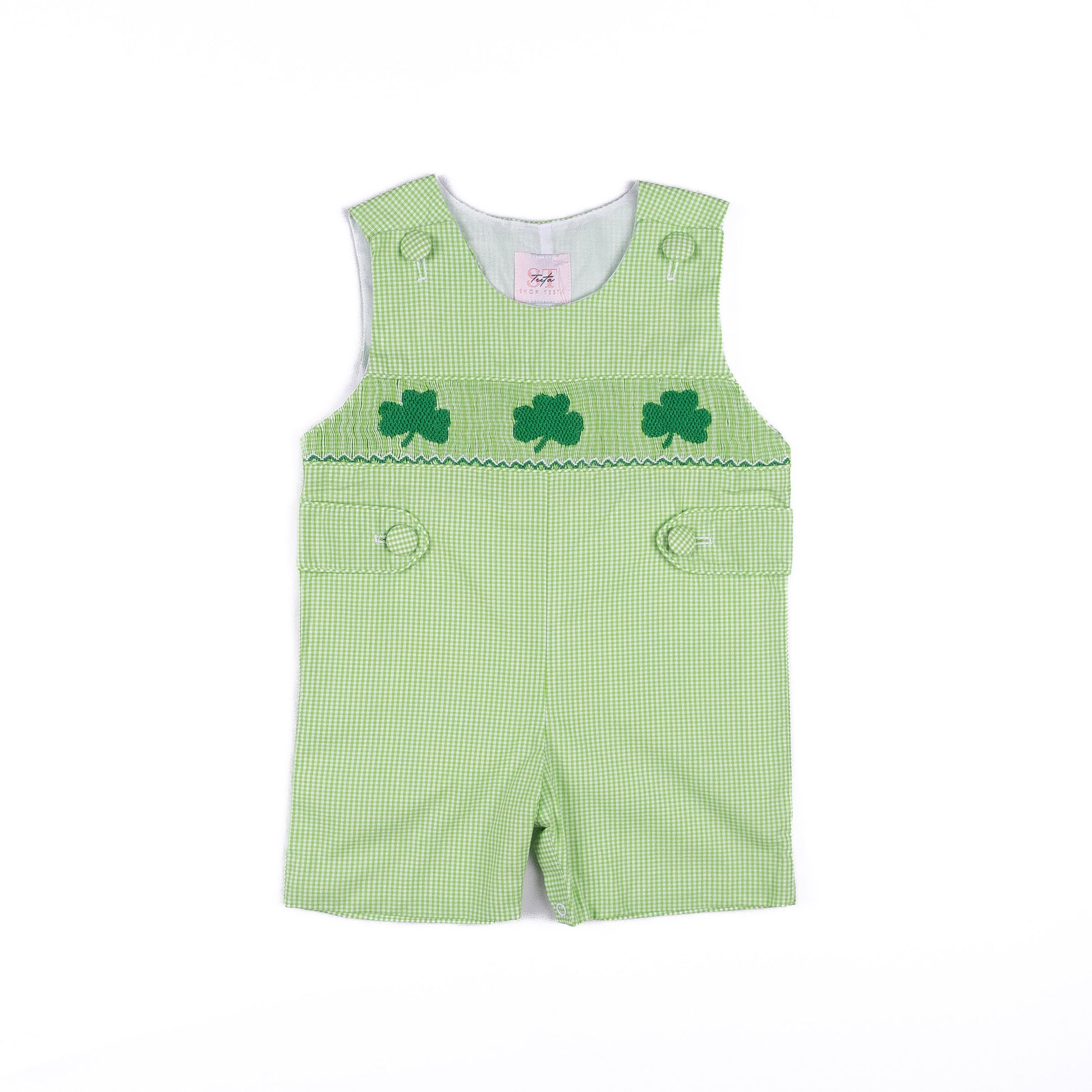 Shop Teeta Boys Henry Jon Jon - Green Gingham Smocked St. Pat's Clovers